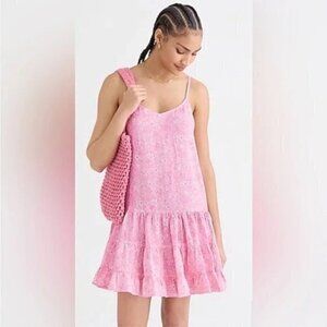 - J Crew 100% Linen Pink Floral Cami Spaghetti Strap Tiered‎ Poplin Dress/ Small
